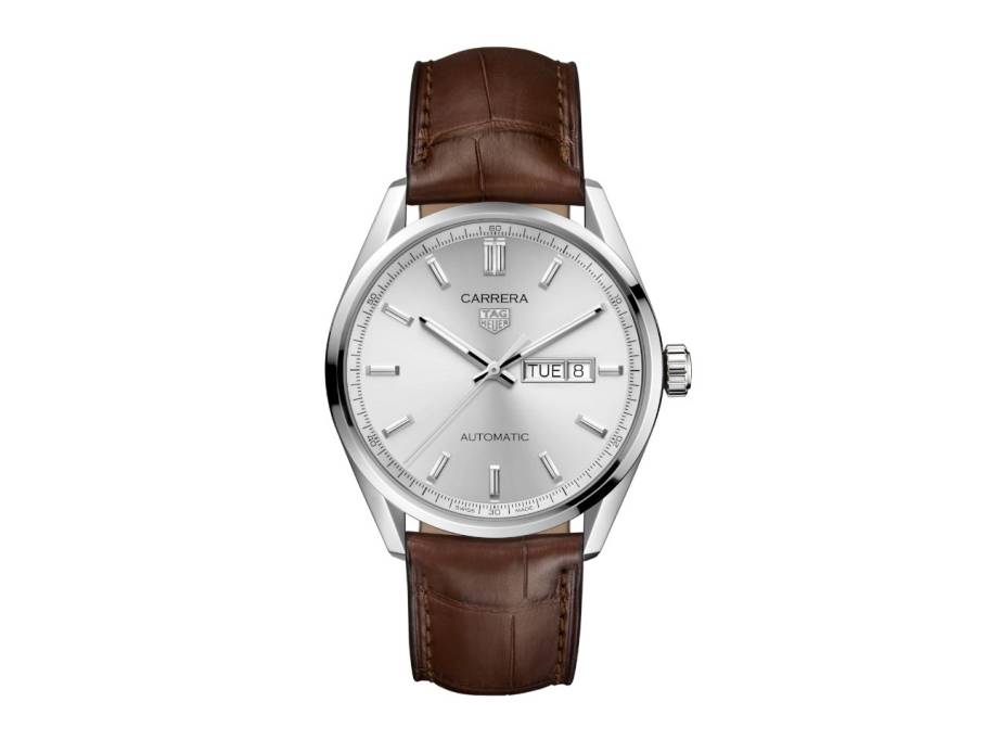 Carrera Day-Date Automatik Edelstahl 41mm silbernes Zifferblatt braunes Lederband