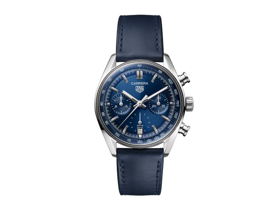 Carrera Chronograph Automatik Edelstahl 39mm blaues Zifferblatt blaues Lederband