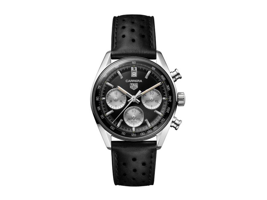 Carrera Chronograph Automatik Edelstahl 39mm schwarzes Zifferblatt schwarzes Lederband
