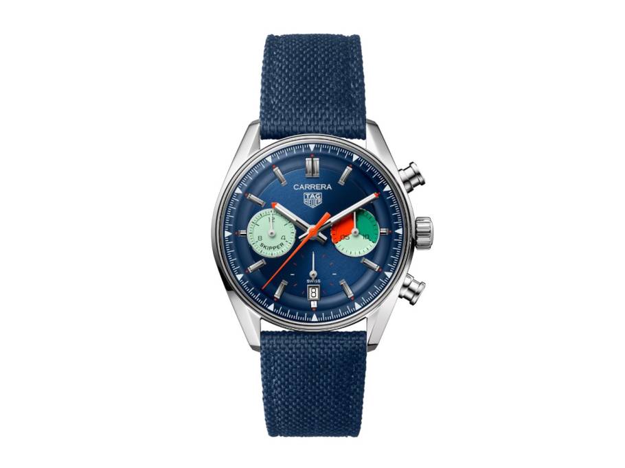 Carrera Chronograph Skipper Automatik Edelstahl 39mm blaues Zifferblatt blaues Textilband