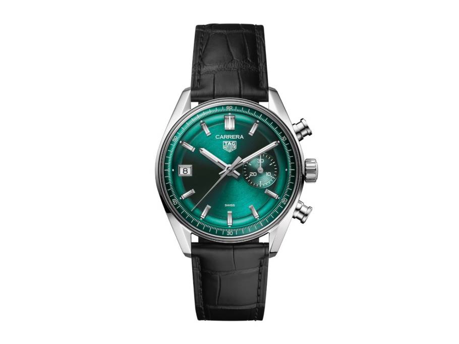 Carrera Chronograph Automatik Edelstahl 39mm türkises Zifferblatt schwarzes Lederband