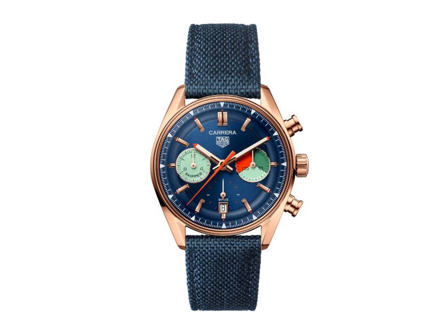 Carrera Chronograph Skipper Automatik Rotgold 39mm blaues Zifferblatt blaues Textilband