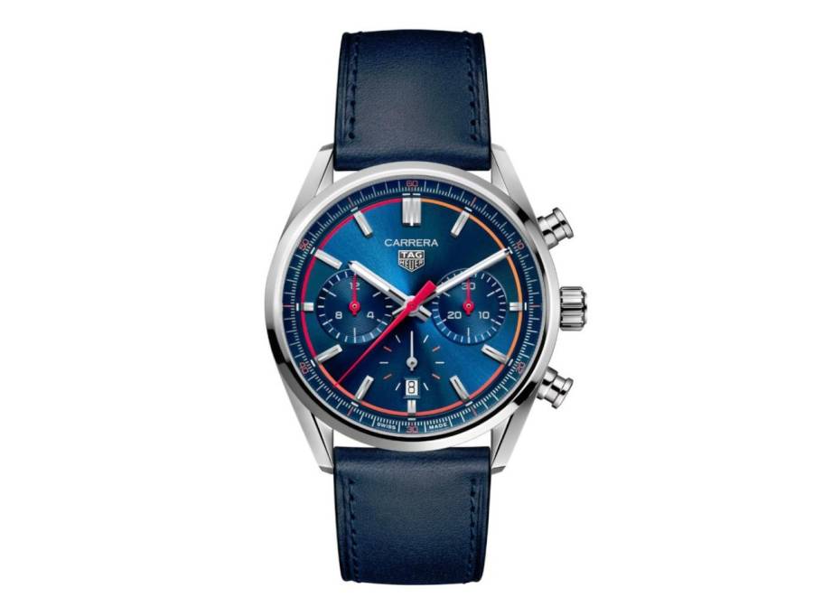 Carrera Chronograph Automatik Edelstahl 42mm blaues Zifferblatt blaues Lederband