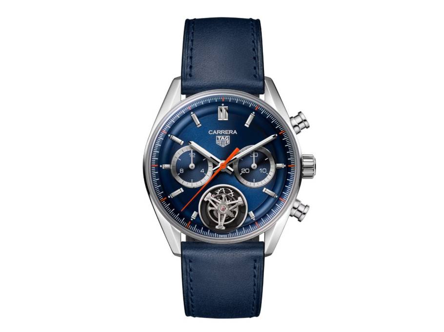 Carrera Chronograph Tourbillon Automatik Edelstahl 42mm blaues Zifferblatt blaues Lederband