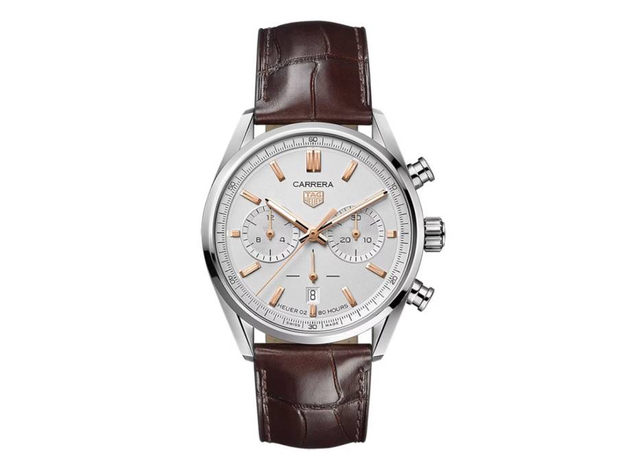 Carrera Chronograph Automatik Edelstahl 42mm silbernes Zifferblatt braunes Lederband