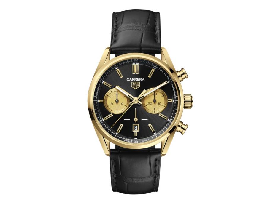 Carrera Chronograph Automatik Gelbgold 42mm schwarzes Zifferblatt schwarzes Lederband