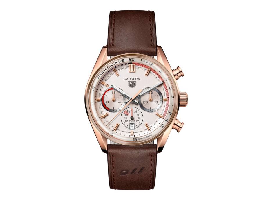 Carrera Chronosprint x Porsche Automatik Roségold 42mm beiges Zifferblatt braunes Lederband