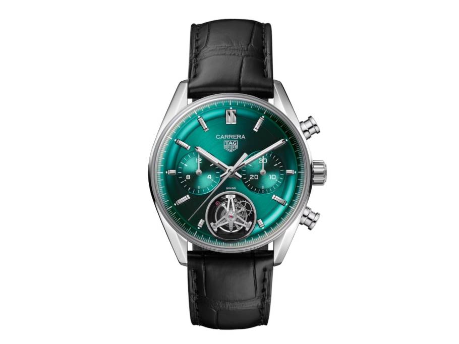 Carrera Chronograph Tourbillon Automatik Edelstahl 42mm grünes Zifferblatt schwarzes Lederband