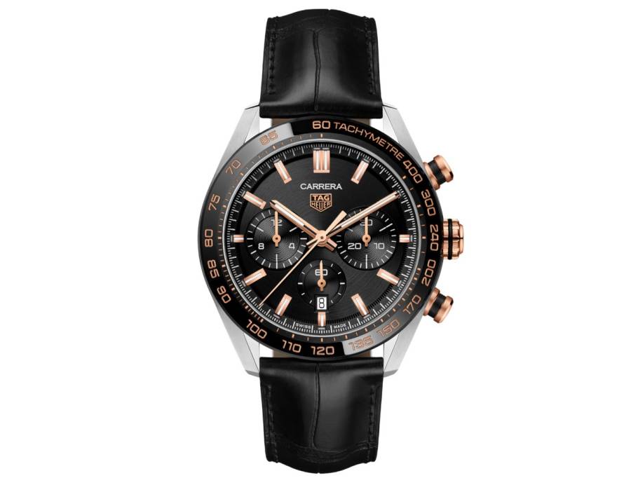 Carrera Chronograph Automatik Edelstahl 44mm schwarzes Zifferblatt schwarzes Lederband
