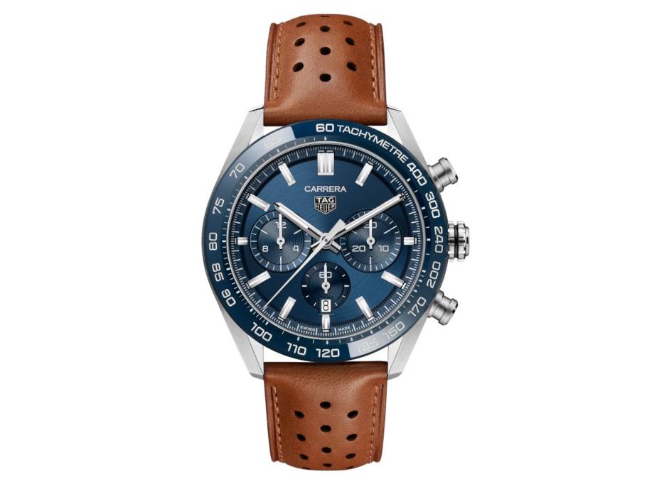Carrera Chronograph Automatik Edelstahl 44mm blaues Zifferblatt braunes Lederband