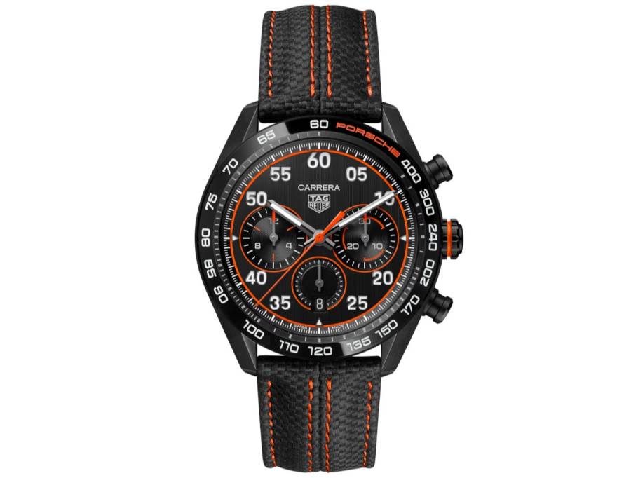 Carrera Chronograph X Porsche Orange Racing Automatik Edelstahl Schwarz-DLC 44mm schwarzes Zifferblatt schwarzes Lederband