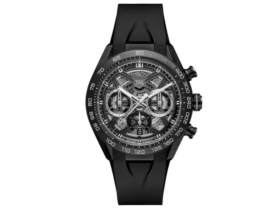 Carrera Chronograph Extreme Sport Automatik Titan Schwarz-DLC 44mm skelettiertes Zifferblatt schwarzes Kautschukband