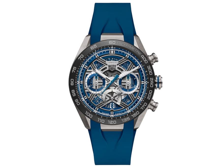 Carrera Chronograph Extreme Sport Automatik Titan 44mm skelettiertes Zifferblatt blaues Kautschukband