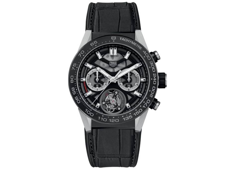 Carrera Chronograph Tourbillon Automatik Keramik 45mm skelettiertes Zifferblatt schwarzes Lederband