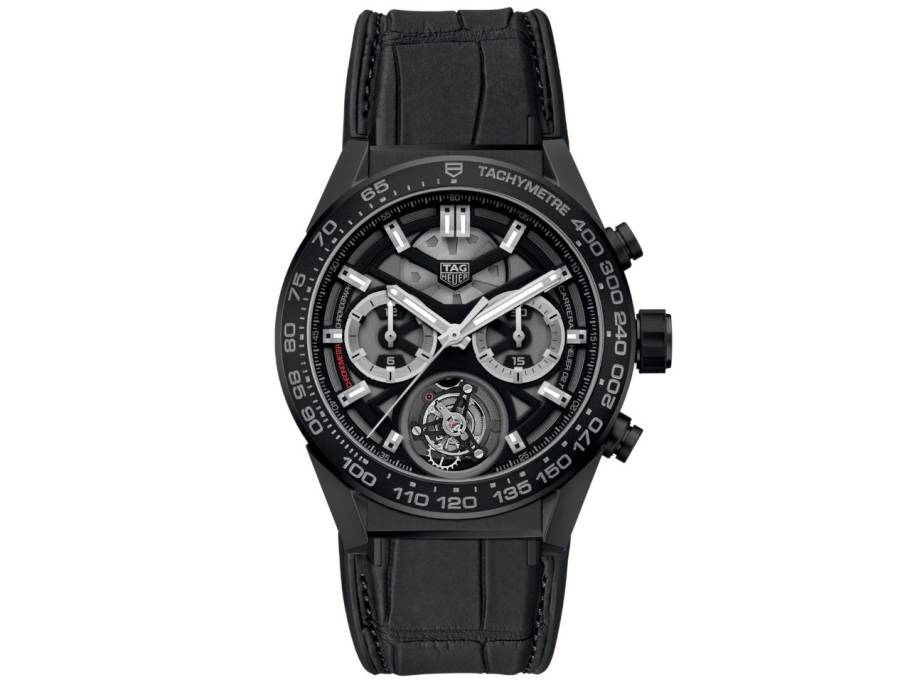 Carrera Chronograph Tourbillon Automatik Keramik 45mm skelettiertes Zifferblatt schwarzes Lederband