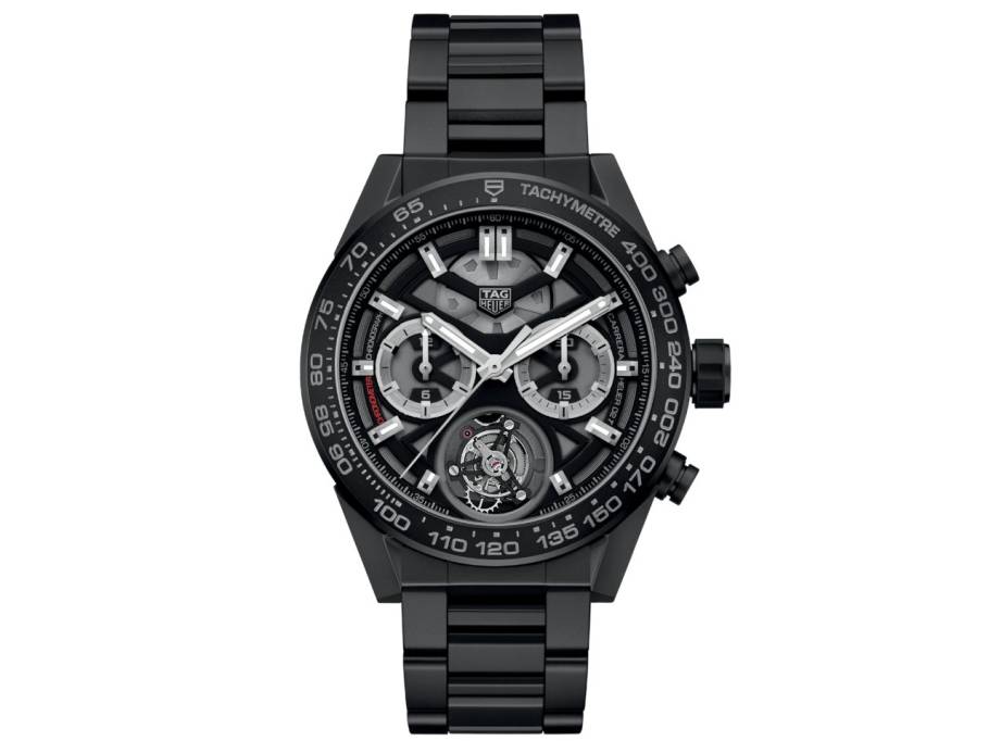 Carrera Chronograph Tourbillon Automatik Keramik 45mm skelettiertes Zifferblatt schwarzes Keramikarmband