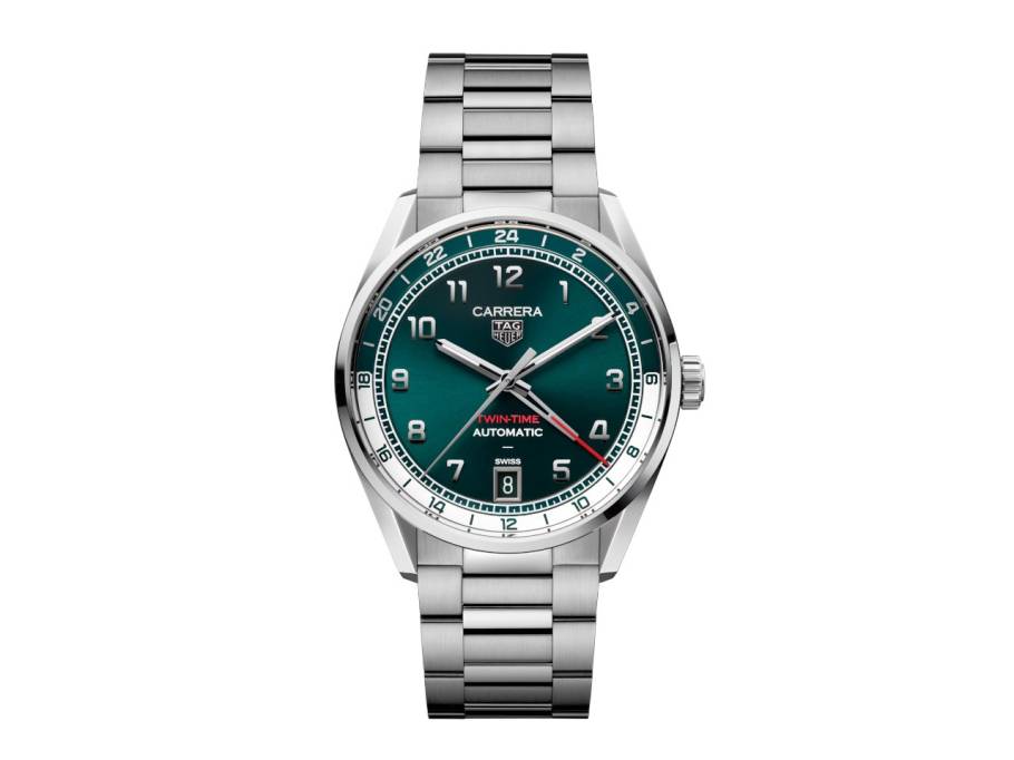 Carrera Date Twin-Time Automatik Edelstahl 41mm petrolfarbenes Zifferblatt Metallband