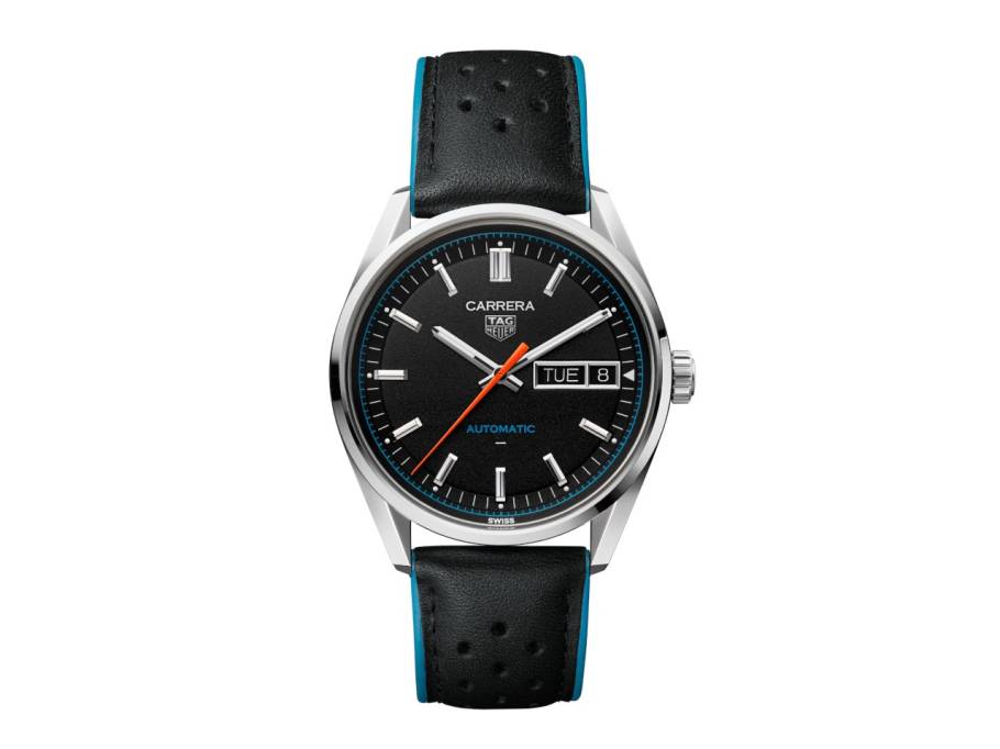 Carrera Day-Date Automatik Edelstahl 41mm schwarzes Zifferblatt schwarzes Lederband