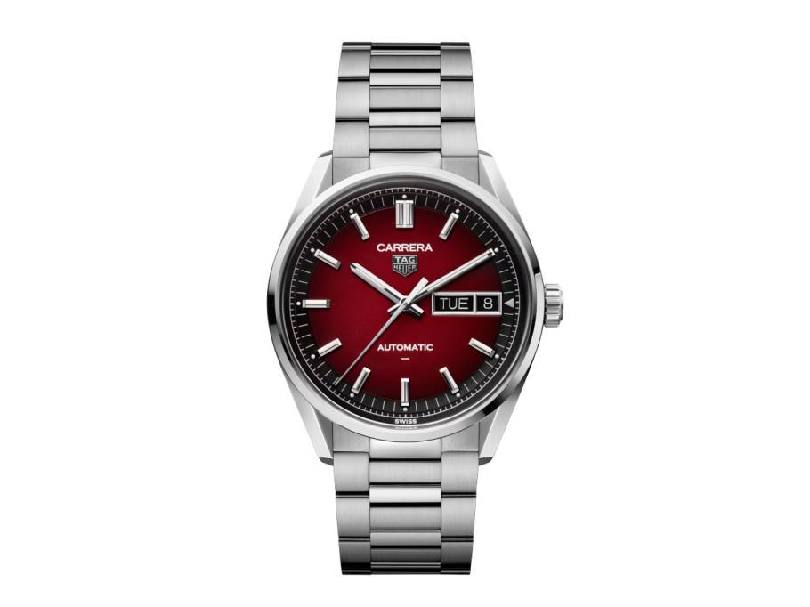 Carrera Day-Date Automatik Edelstahl 41mm rotes Zifferblatt Metallband