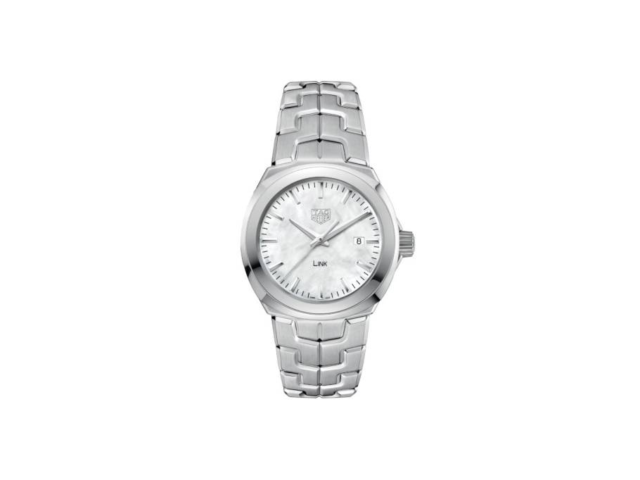 Link Date Quarz Edelstahl 32mm weißes Perlmutt-Zifferblatt Metallband