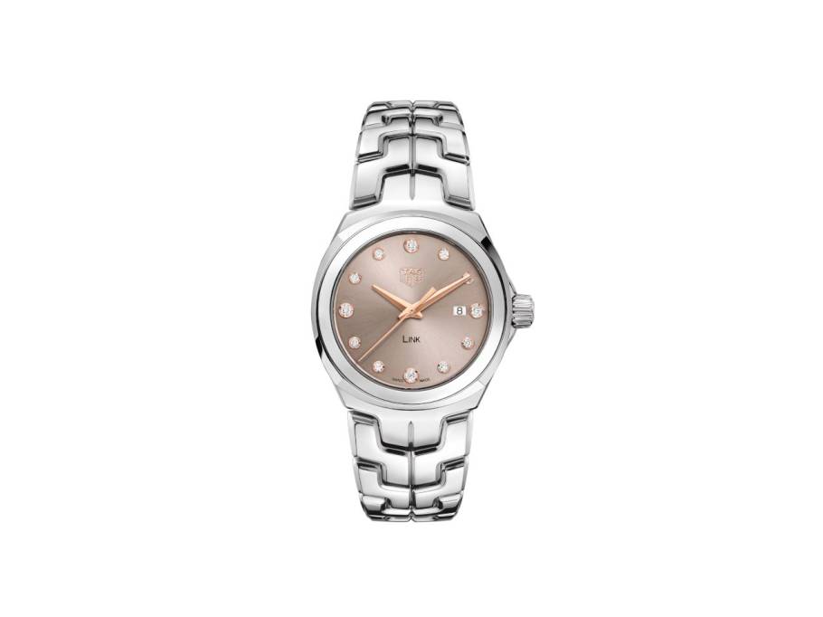 Link Date Quarz Edelstahl 32mm beiges Zifferblatt Metallband