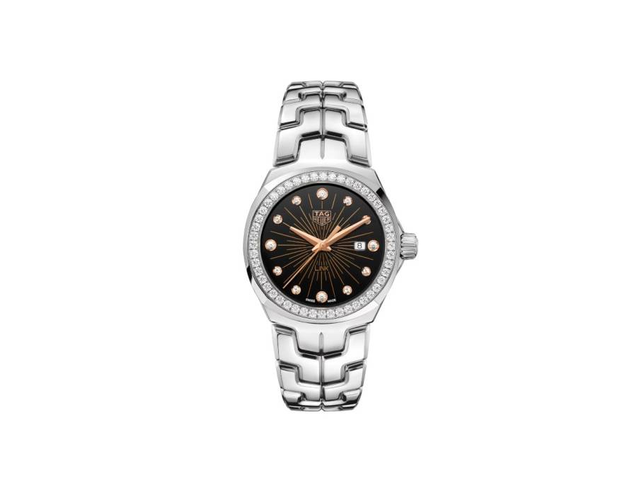Link Date Quarz Edelstahl 32mm schwarzes Zifferblatt mit Brillanten Metallband