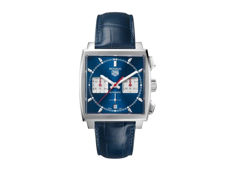 Monaco Chronograph Automatik Edelstahl 39mm blaues Zifferblatt blaues Lederband