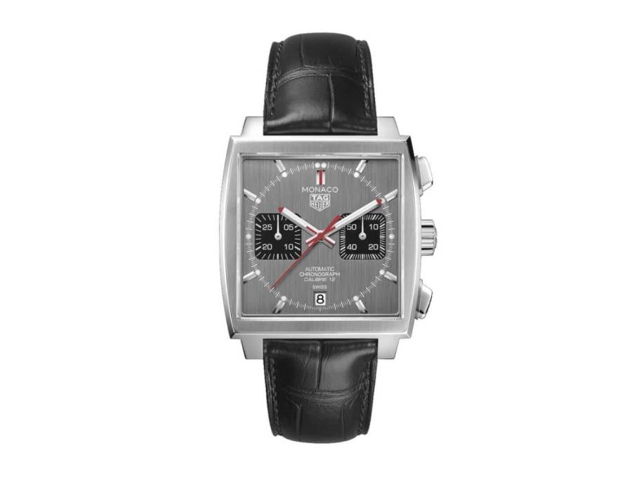Monaco Chronograph Automatik Edelstahl 39mm graues Zifferblatt schwarzes Lederband