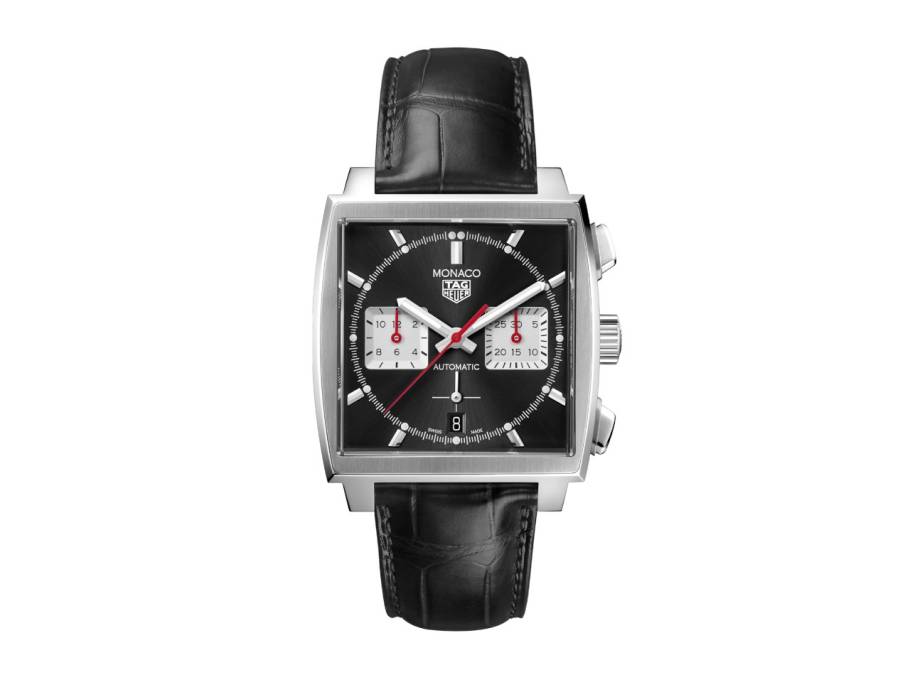 Monaco Chronograph Automatik Edelstahl 39mm schwarzes Zifferblatt schwarzes Lederband