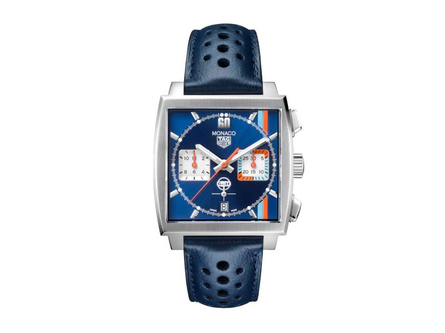 Monaco Chronograph x Gulf Automatik Edelstahl 39mm blaues Zifferblatt blaues Lederband