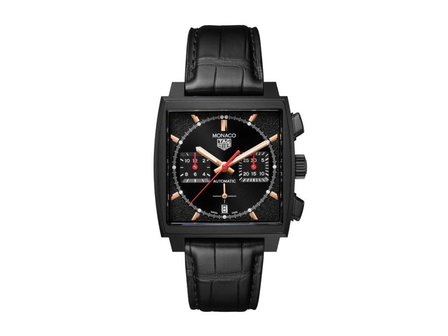 Monaco Chronograph Dark Lord Special Edition Automatik Titan 39mm schwarzes Zifferblatt schwarzes Lederband