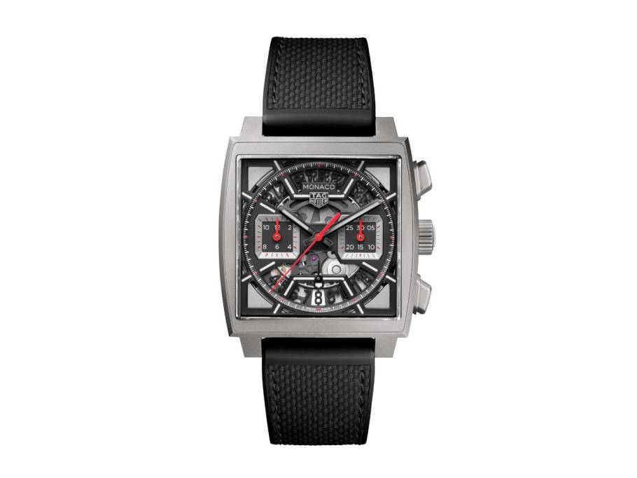 Monaco Chronograph Automatik Titan 39mm skelettiertes Zifferblatt schwarzes Kautschuk-Lederband