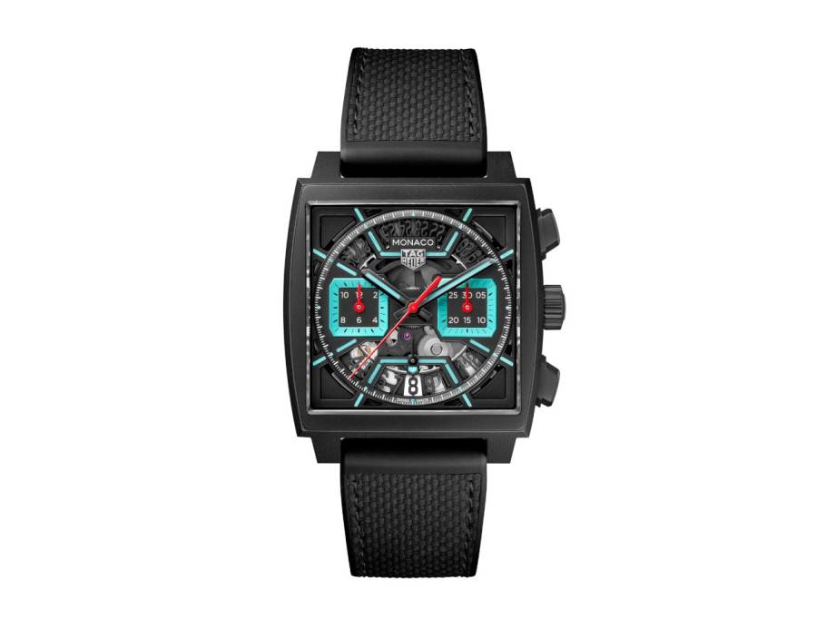 Monaco Chronograph Automatik Titan 39mm skelettiertes ZIfferblatt schwarzes Kautschuk-Lederband