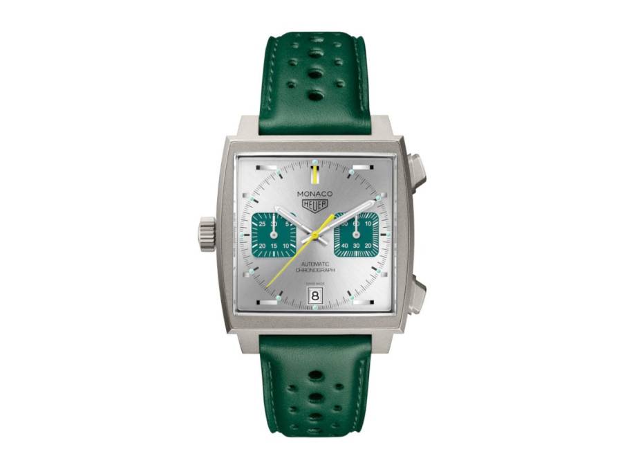 Monaco Chronograph Vintage Racing Green Automatik Titan 39mm silberfarbenes Zifferblatt grünes Lederband
