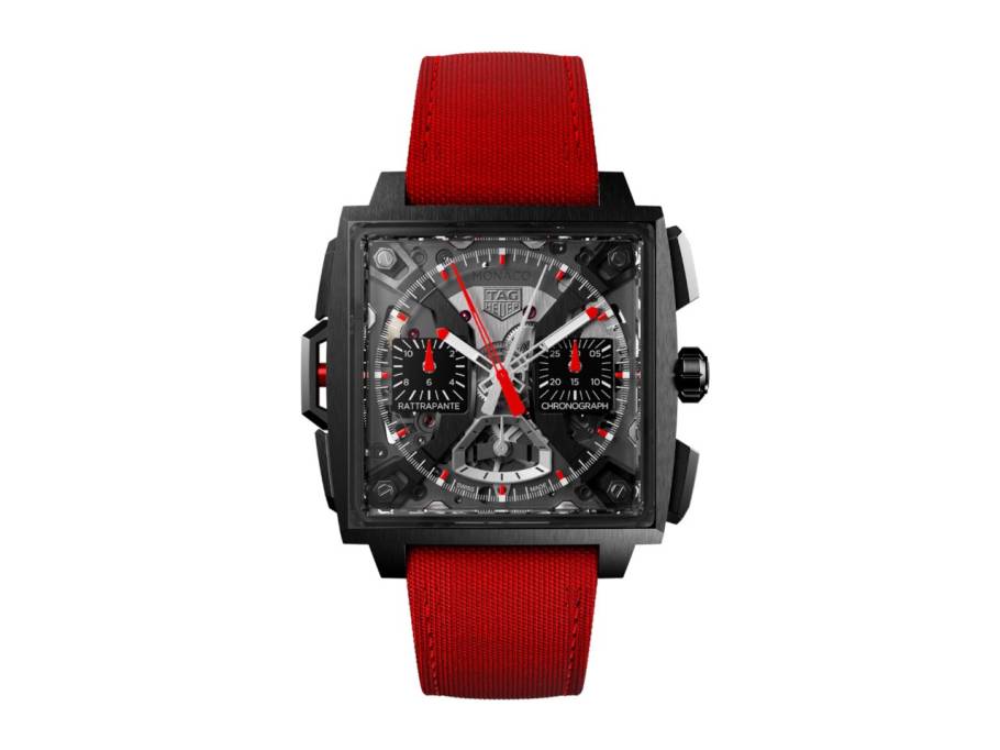Monaco Split-Seconds Chronograph Automatik Titan Schwarz-DLC 39mm skelettiertes Zifferblatt rotes Lederband