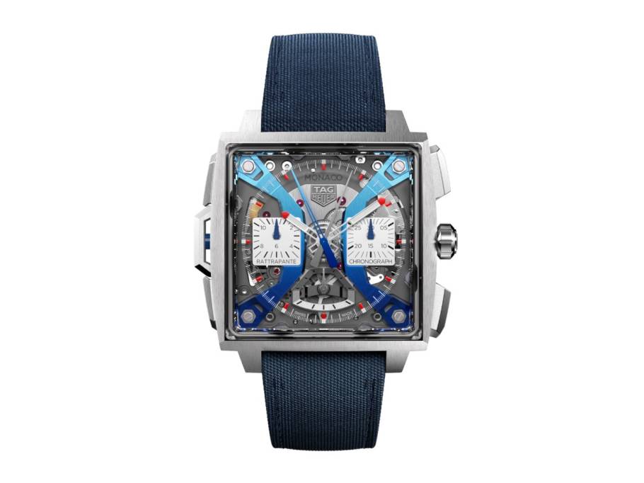 Monaco Split-Seconds Chronograph Automatik Titan 39mm skelettiertes Zifferblatt blaues Lederband