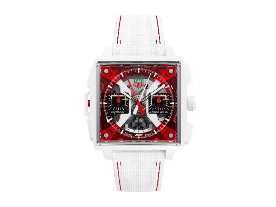Monaco Split-Seconds Chronograph F1 Automatik Keramik 41mm skelettiertes Zifferblatt weißes Lederband