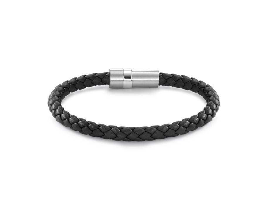 DYKON Satin Armband mit Edelstahlverschluss und schwarzem Leder 21cm