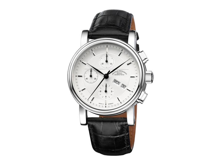 Teutonia II Chronograph Automatik Edelstahl 42mm silbernes Zifferblatt schwarzes Lederband