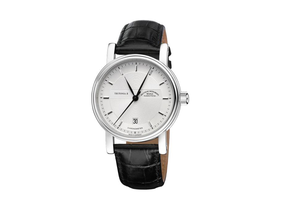 Teutonia II Chronometer Automatik Edelstahl 39mm weißes Zifferblatt schwarzes Lederband