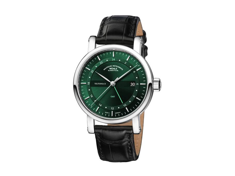 Teutonia II GMT Automatik Edelstahl 41mm grünes Zifferblatt schwarzes Lederband