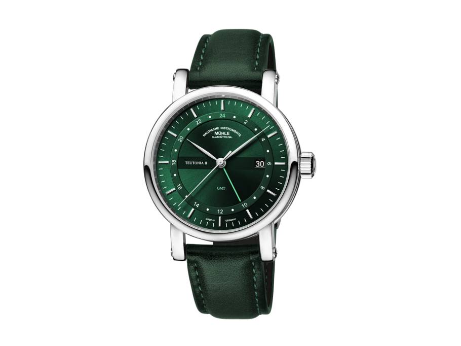 Teutonia II GMT Automatik Edelstahl 41mm grünes Zifferblatt grünes Lederband