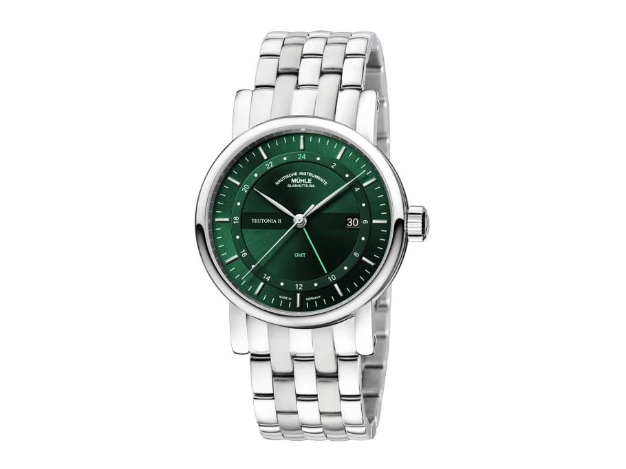 Teutonia II GMT Automatik Edelstahl 41mm grünes Zifferblatt Metallband