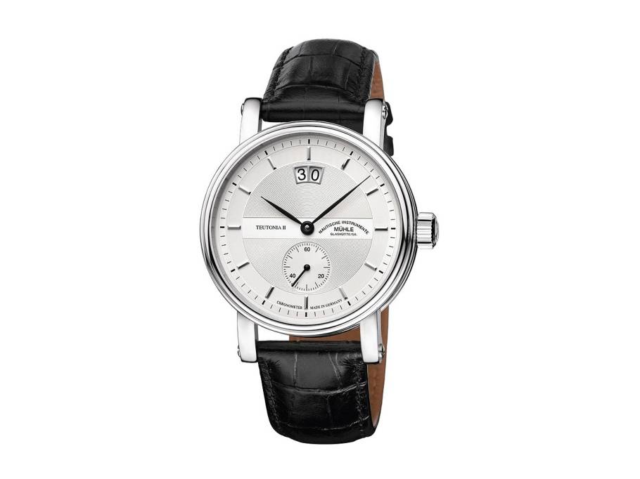 Teutonia II Chronometer Großdatum Automatik Edelstahl 41mm silbernes Zifferblatt schwarzes Lederband