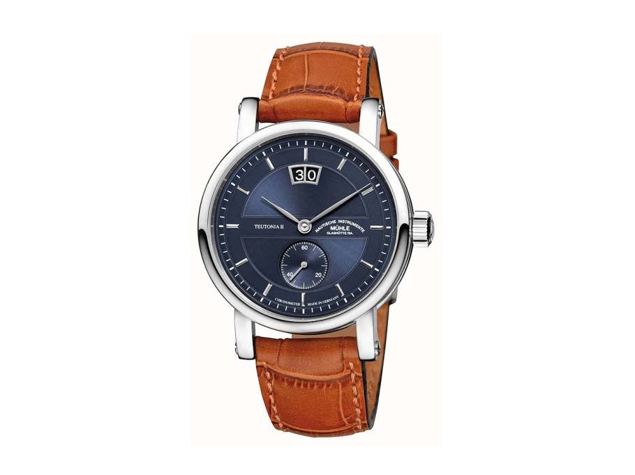 Teutonia II Chronometer Großdatum Automatik Edelstahl 41mm nachtblaues Zifferblatt braunes Lederband
