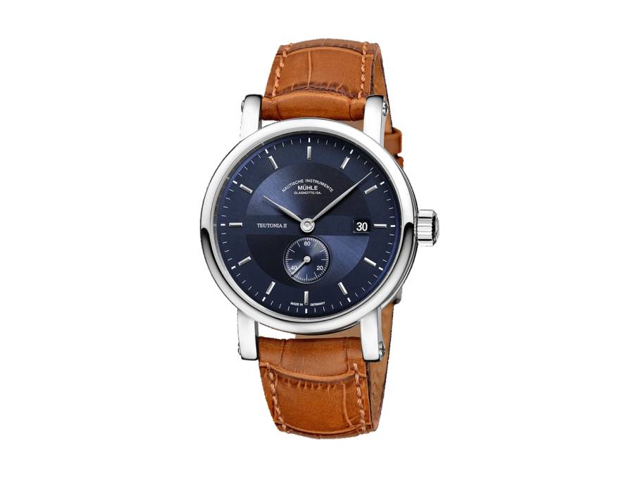 Teutonia II Kleine Sekunde Automatik Edelstahl 41mm nachtblaues Zifferblatt braunes Lederband