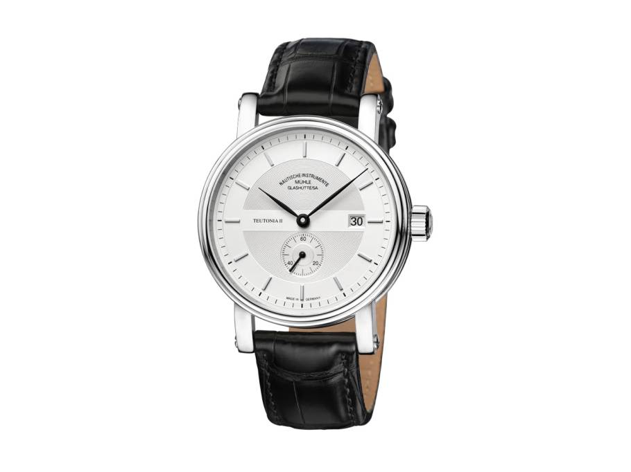 Teutonia II Kleine Sekunde Automatik Edelstahl 41mm silbernes Zifferblatt schwarzes Lederband