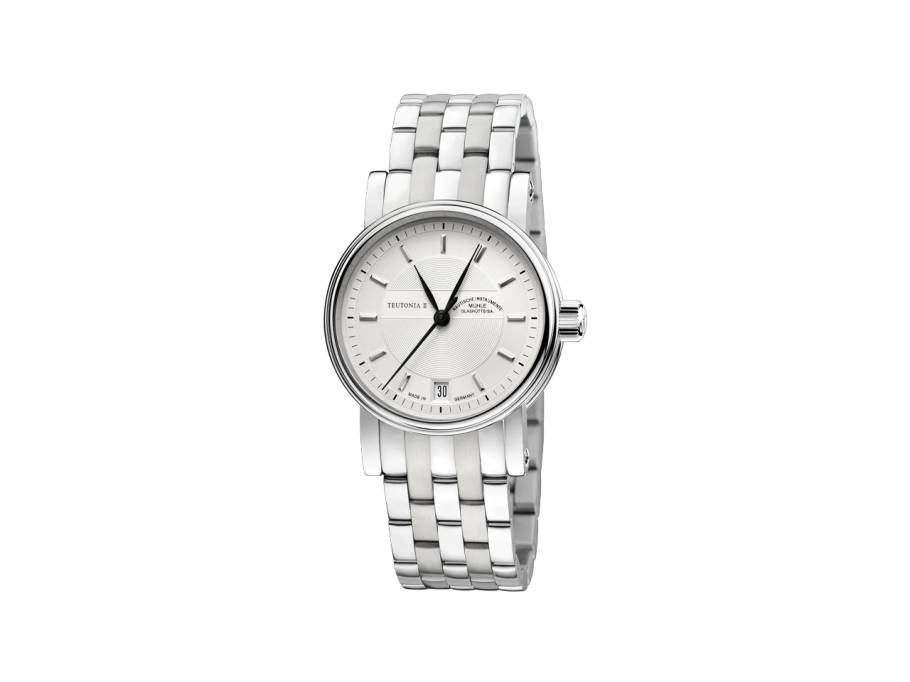 Teutonia II Medium Automatik Edelstahl 34mm silbernes Zifferblatt Metallband