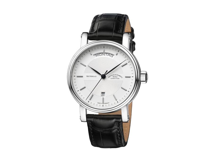 Teutonia II Tag/Datum Automatik Edelstahl 41mm silbernes Zifferblatt schwarzes Lederband