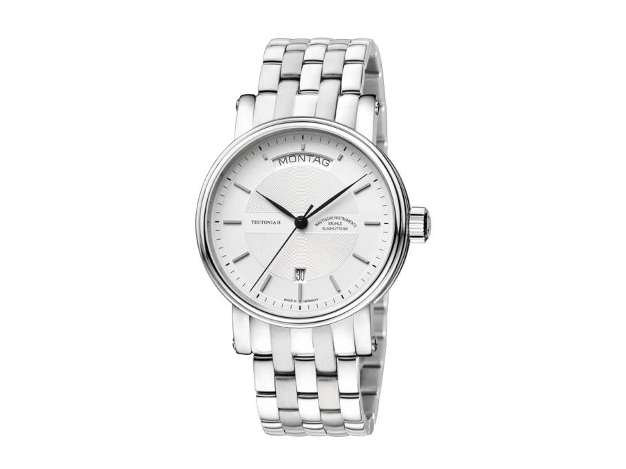 Teutonia II Tag/Datum Automatik Edelstahl 41mm silbernes Zifferblatt Metallband